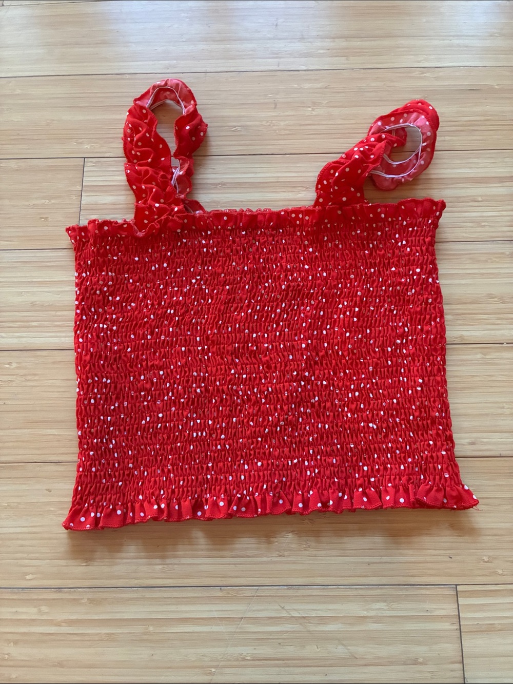 SHEIN Red Smocked Polka Dot Ruffle Strap Camisole